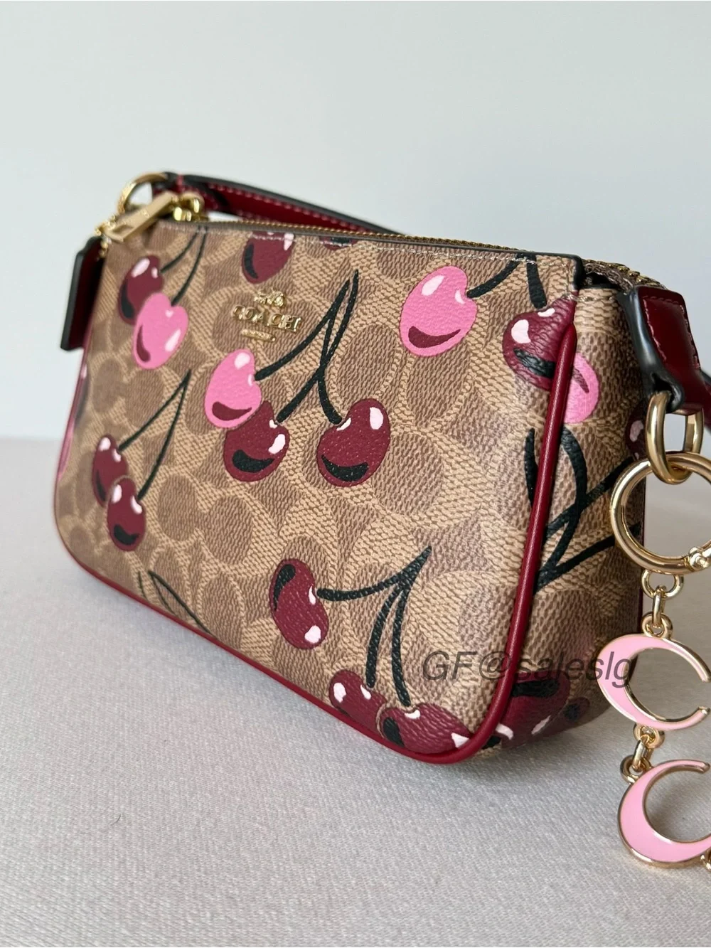 NWT Coach Nolita 19 Cherry Print Wristlet Small Bag Tan Red Gift Set+Extend